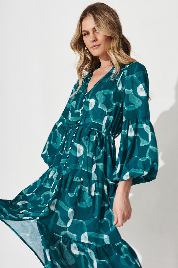 Jovanka Midi Dress In Teal Print - Front