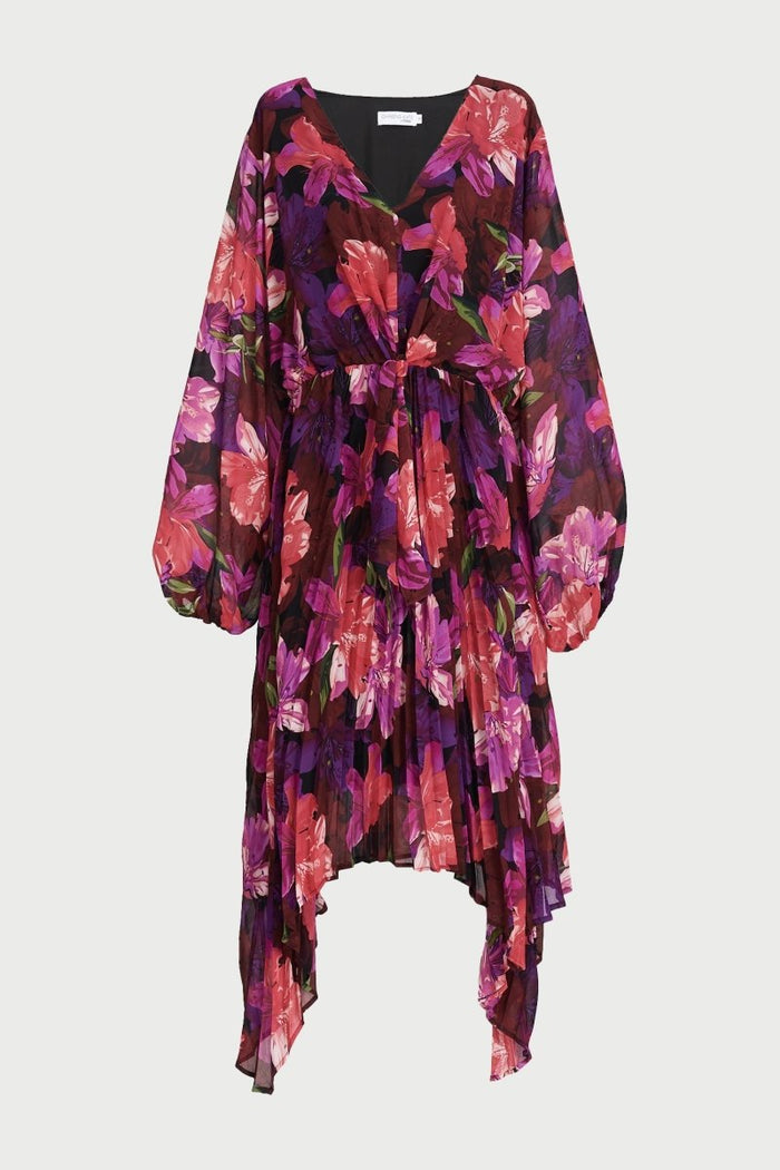 Bronny Midi Dress In Black With Purple Floral Chiffon - St Frock (Dev)