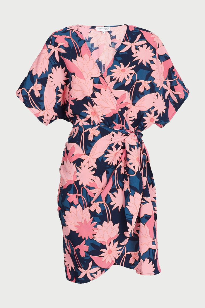 Dhalia Dress In Teal With Blush Floral Satin - ghost