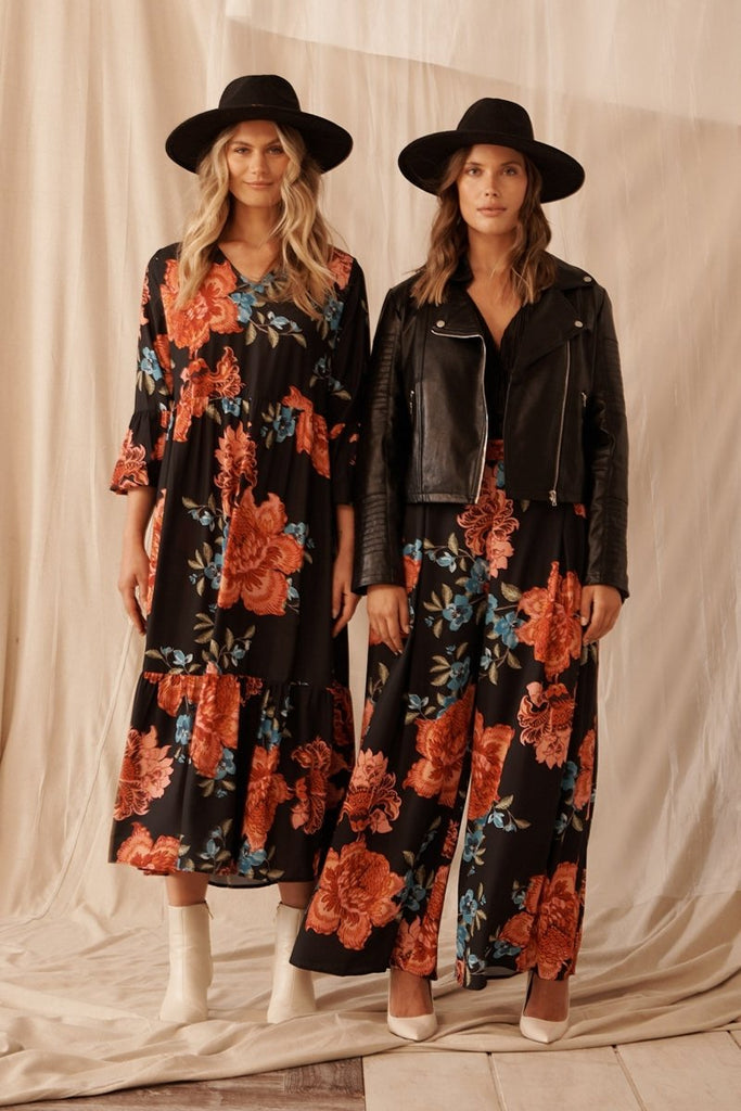 Bruna Midi Dress In Black With Red Floral - St Frock (Dev)