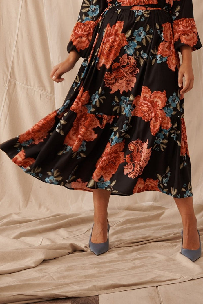 Bruna Midi Dress In Black With Red Floral - St Frock (Dev)