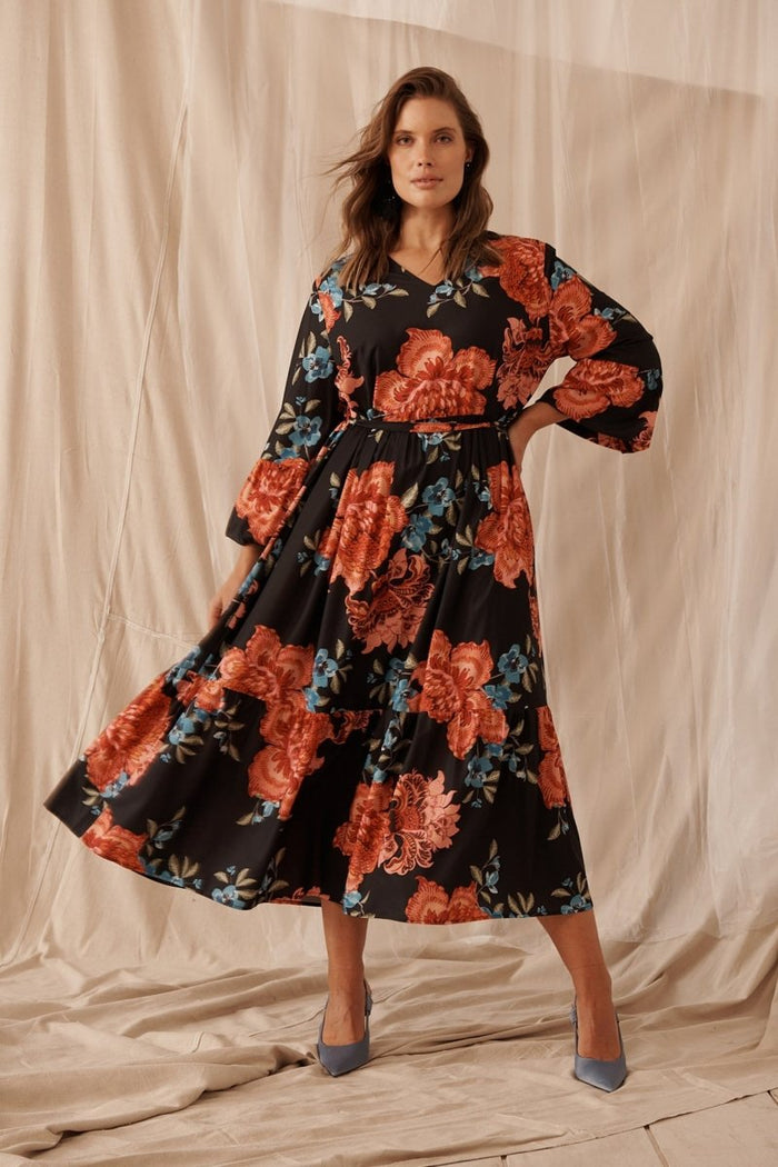 Bruna Midi Dress In Black With Red Floral - St Frock (Dev)