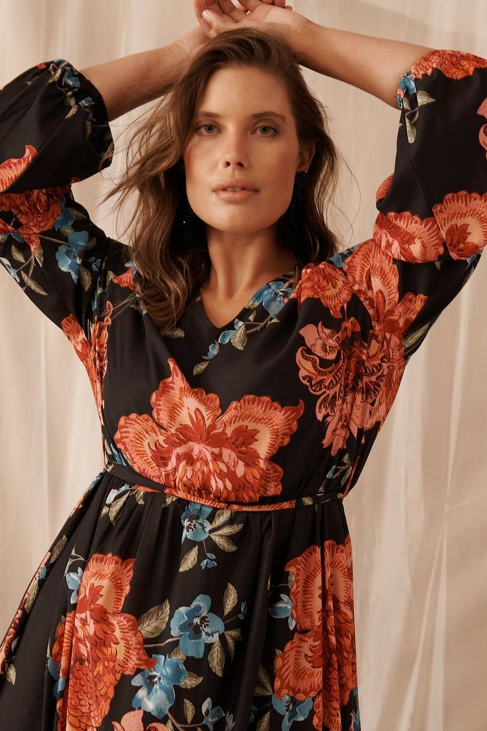 Bruna Midi Dress In Black With Red Floral - St Frock (Dev)