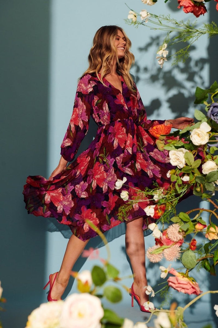 Bronny Midi Dress In Black With Purple Floral Chiffon - St Frock (Dev)