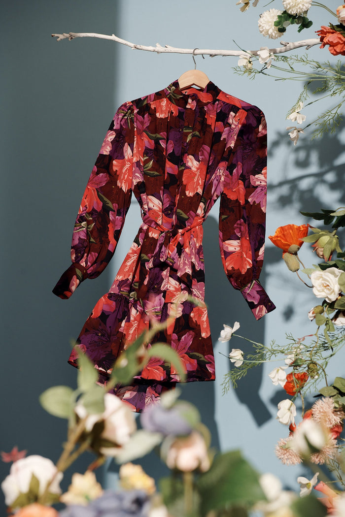 Sinclaire Shirt Dress In Black With Purple Floral Chiffon - St Frock (Dev)