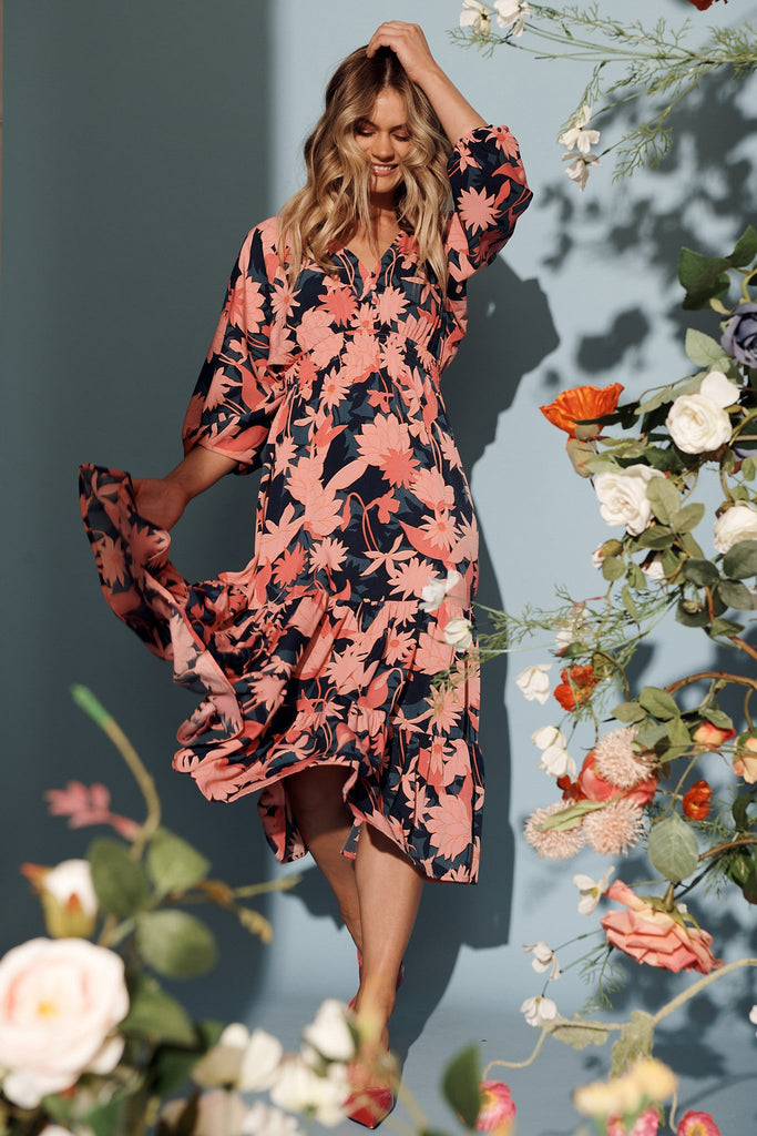 Lavinia Midi Dress In Teal With Blush Floral Satin - full length