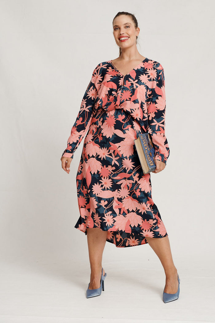 Wild Bloom Midi Skirt In Teal With Blush Floral Satin - Full Length