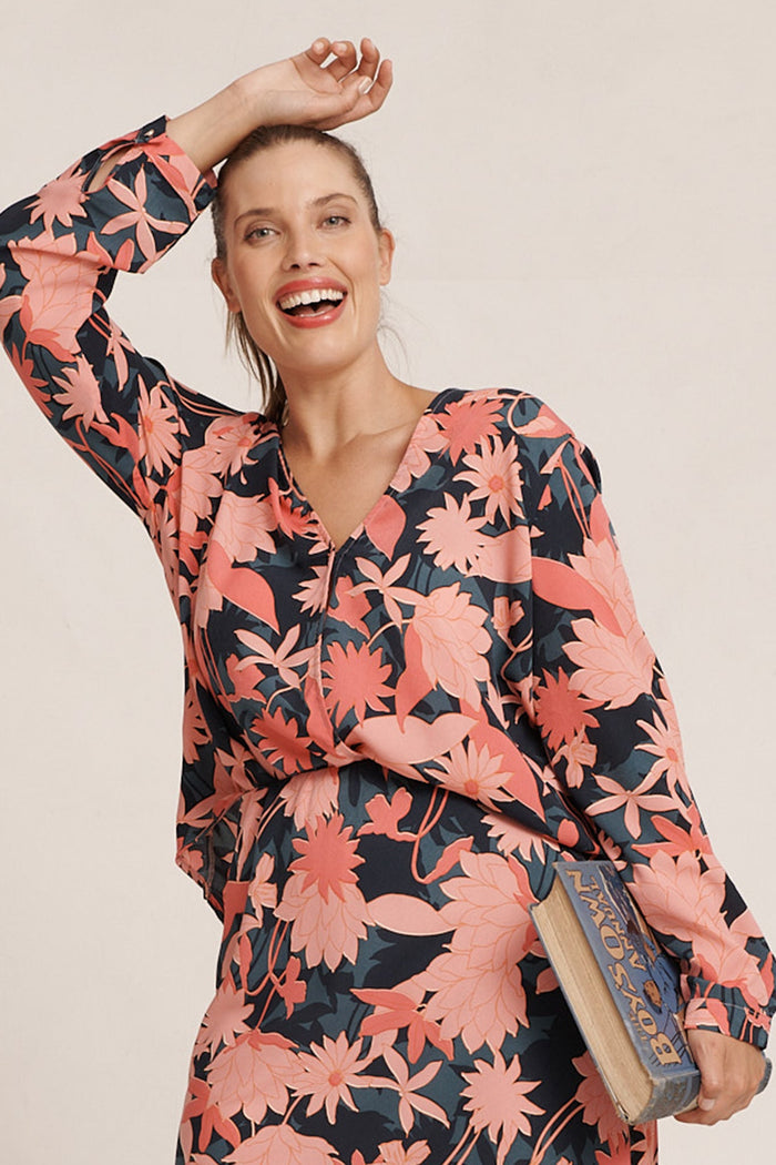 Jorji Top In Teal With Blush Floral Satin - Front