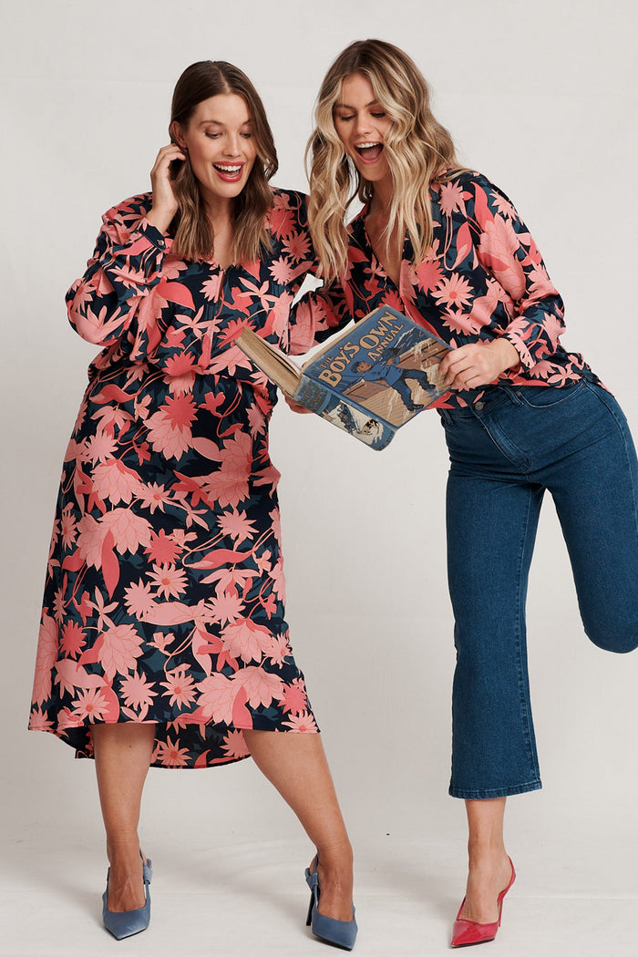Jorji Top In Teal With Blush Floral Satin - Full Length