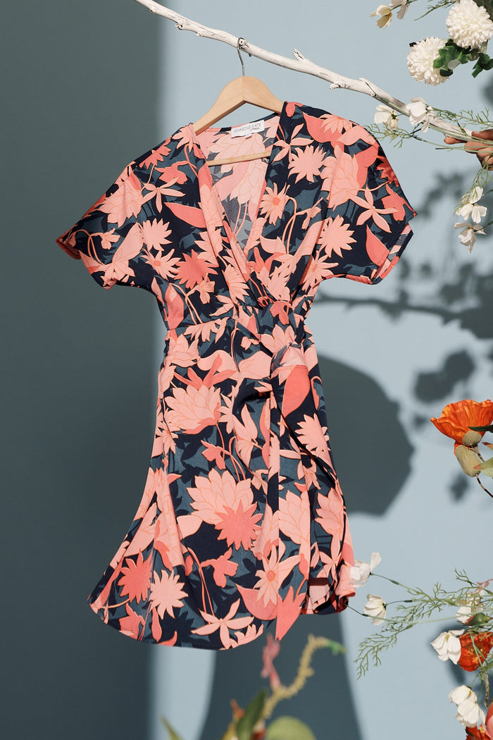 Dhalia Dress In Teal With Blush Floral Satin - hanger