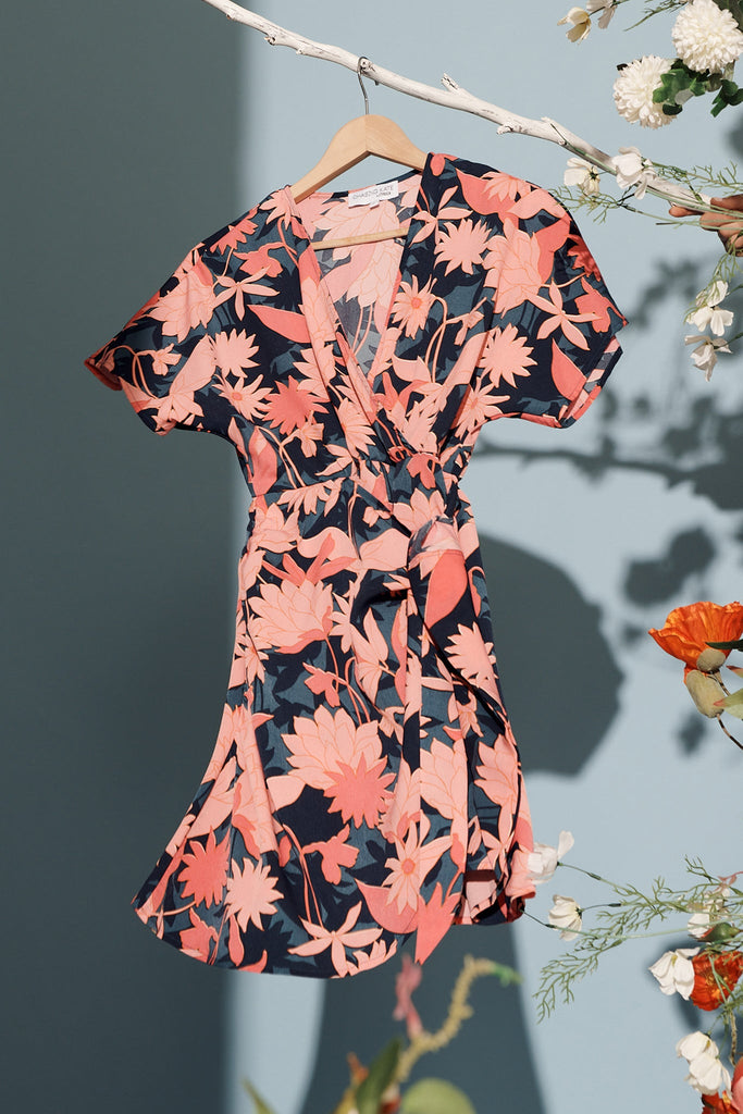 Dhalia Dress In Teal With Blush Floral Satin - hanger