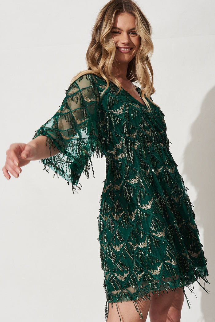 Seema Sequin Dress in Emerald Green - Front