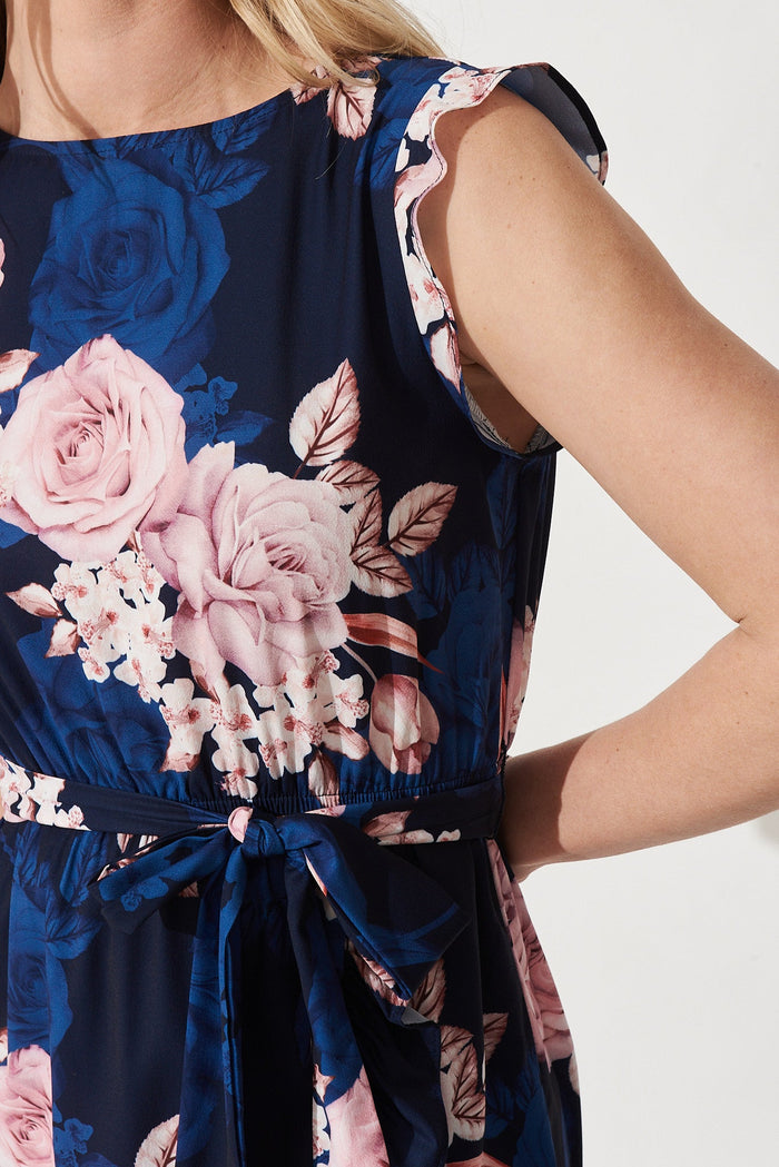 Julianne Dress in Navy with Blush Floral - Detail