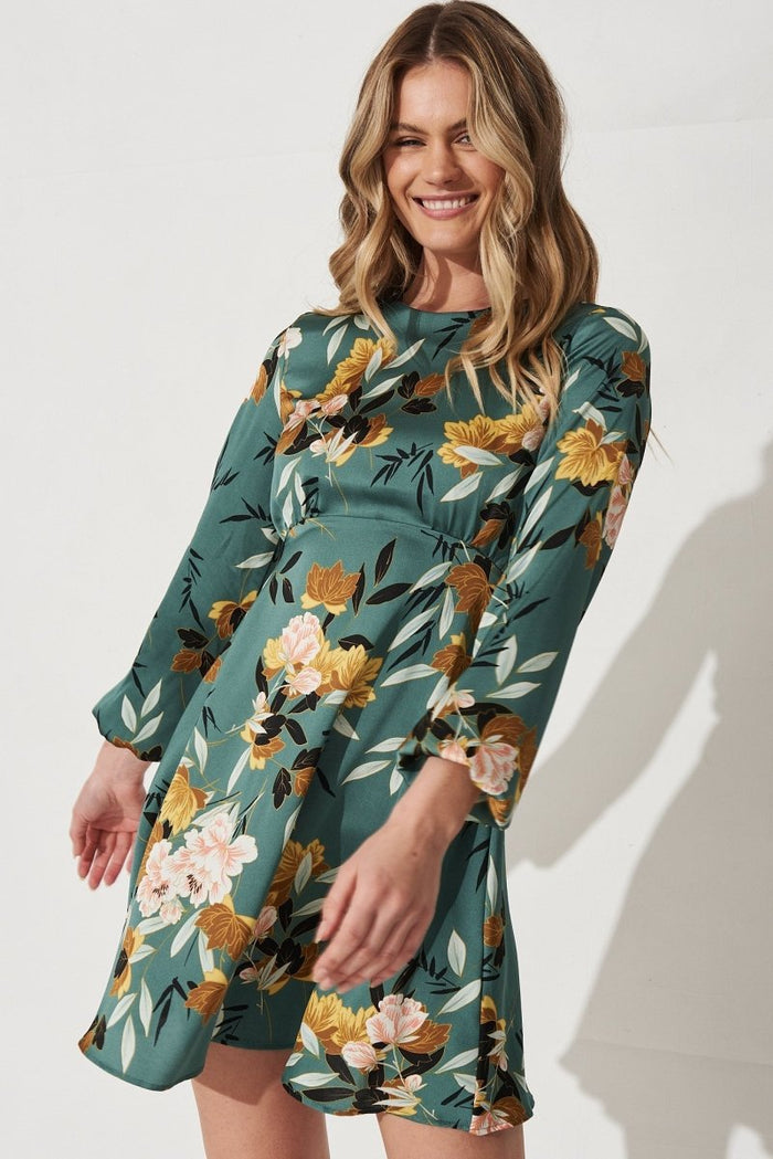 Caliah Skater Dress In Green With Blush Floral Satin - St Frock (Dev)
