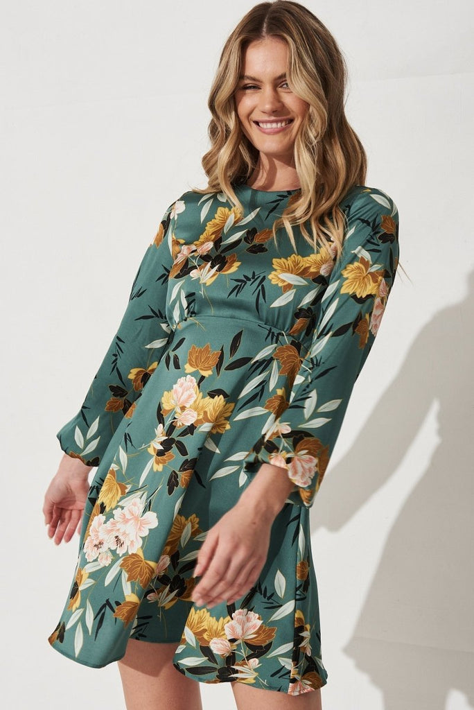 Caliah Skater Dress In Green With Blush Floral Satin - St Frock (Dev)