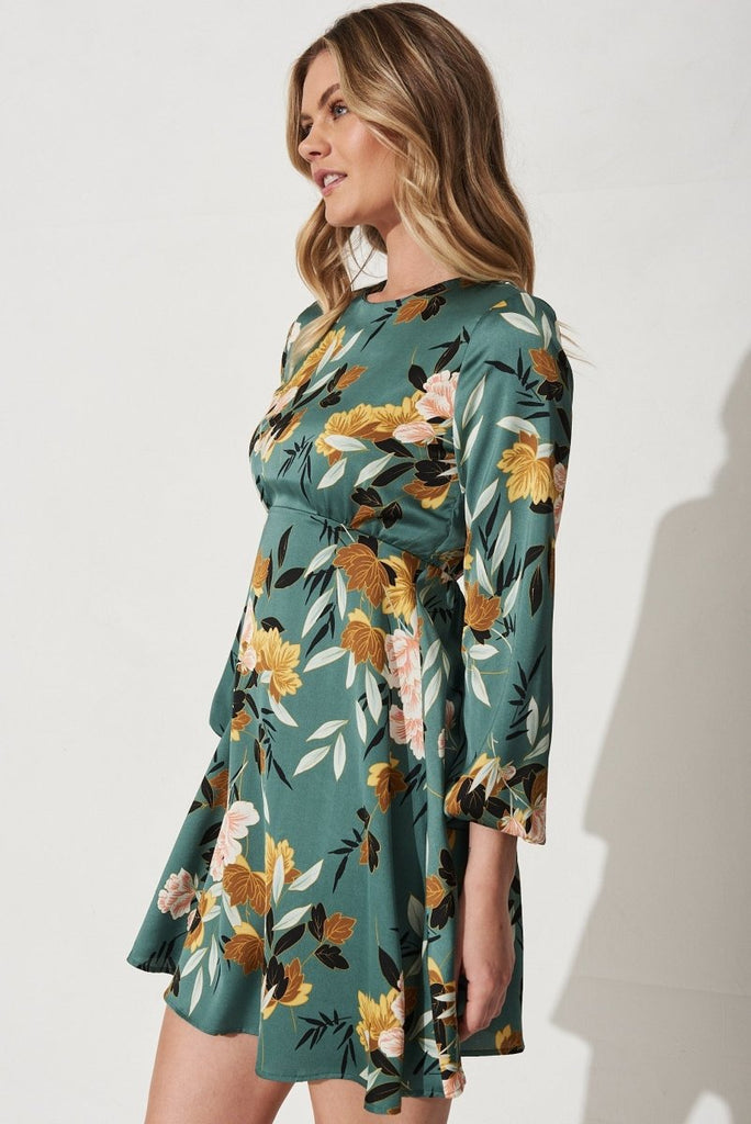 Caliah Skater Dress In Green With Blush Floral Satin - St Frock (Dev)