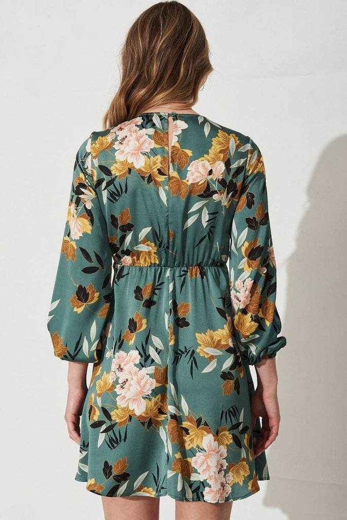 Caliah Skater Dress In Green With Blush Floral Satin - St Frock (Dev)