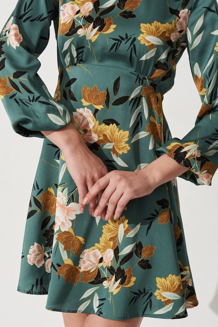 Caliah Skater Dress In Green With Blush Floral Satin - St Frock (Dev)