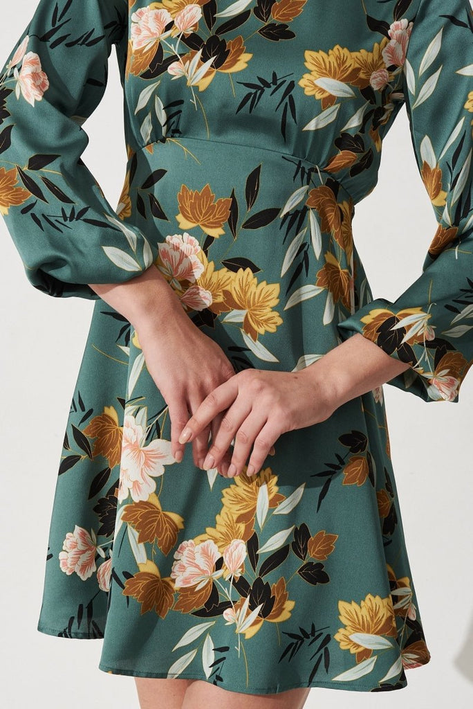 Caliah Skater Dress In Green With Blush Floral Satin - St Frock (Dev)