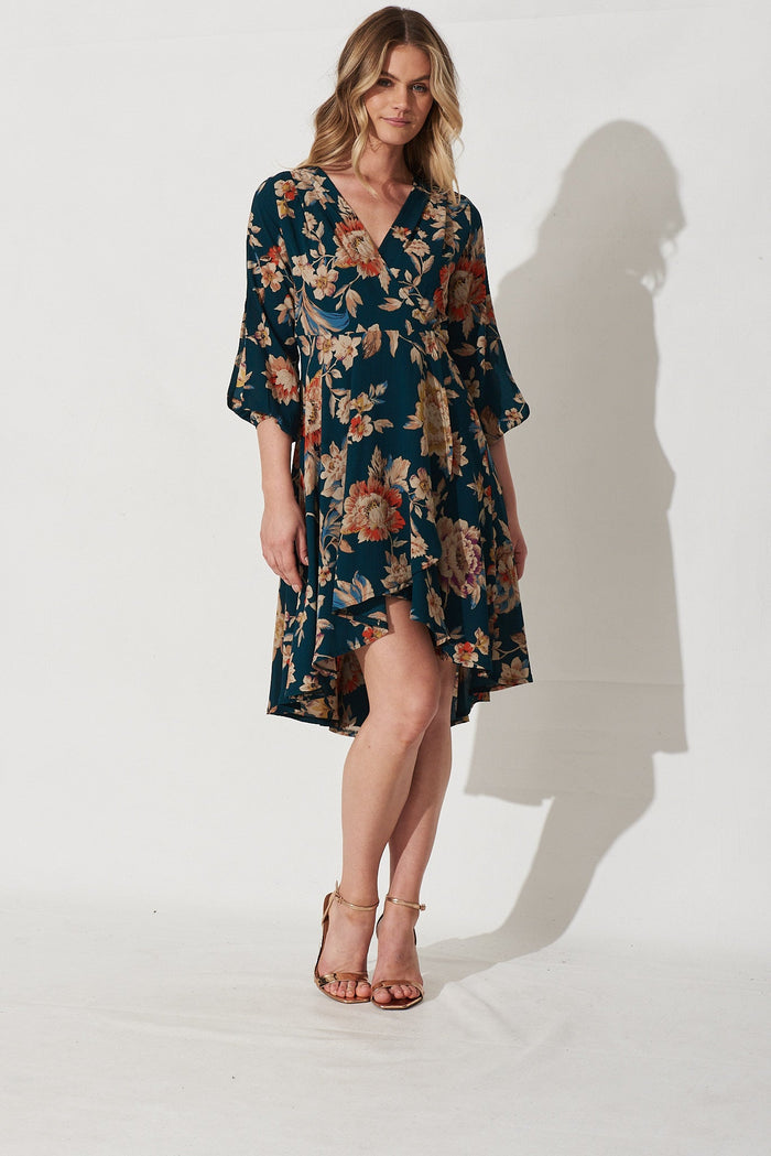 Composure Wrap Dress In Green With Beige Floral Crepe - Full Length