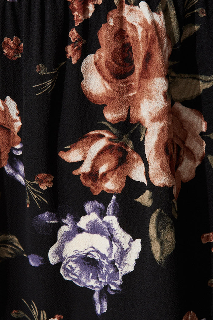 Becca Smock Dress In Navy With Beige Floral Crepe - Fabric