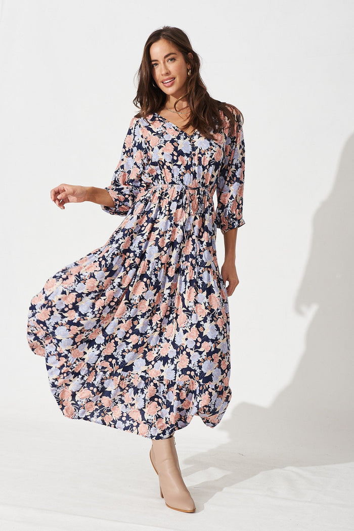 Fillia Maxi Dress In Navy With Pink Floral - Full Length