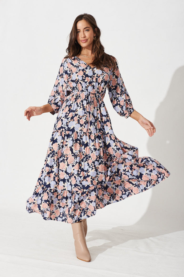 Fillia Maxi Dress In Navy With Pink Floral - Full Length