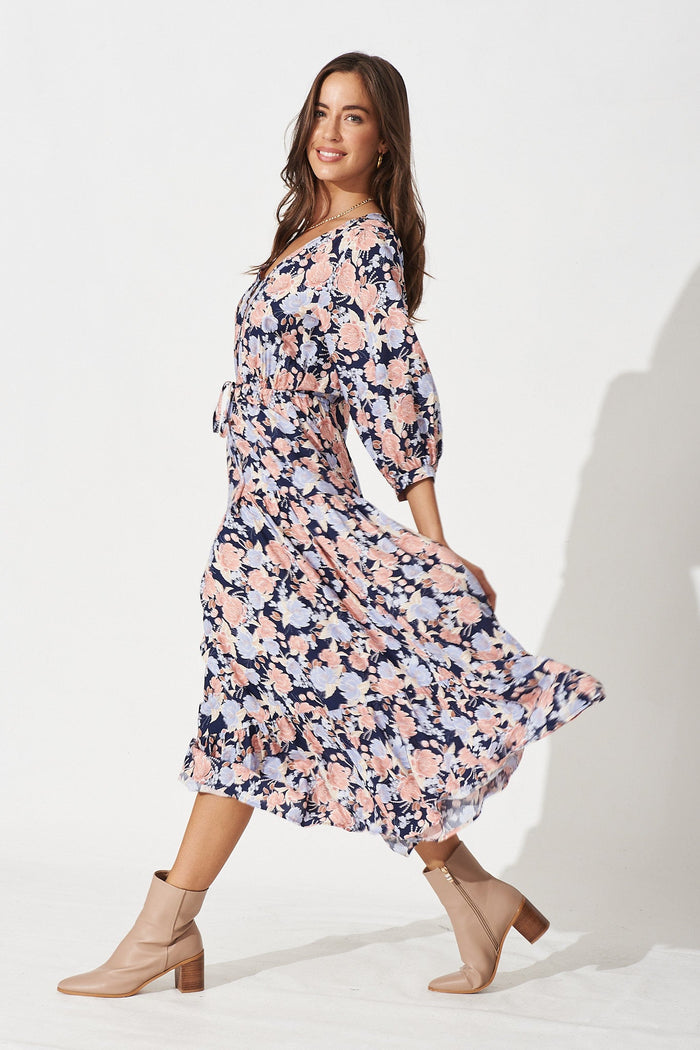 Fillia Maxi Dress In Navy With Pink Floral - Side