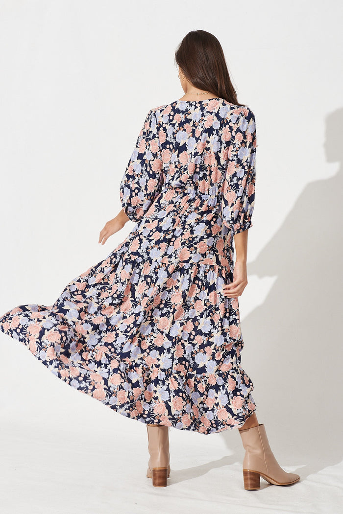 Fillia Maxi Dress In Navy With Pink Floral - Back