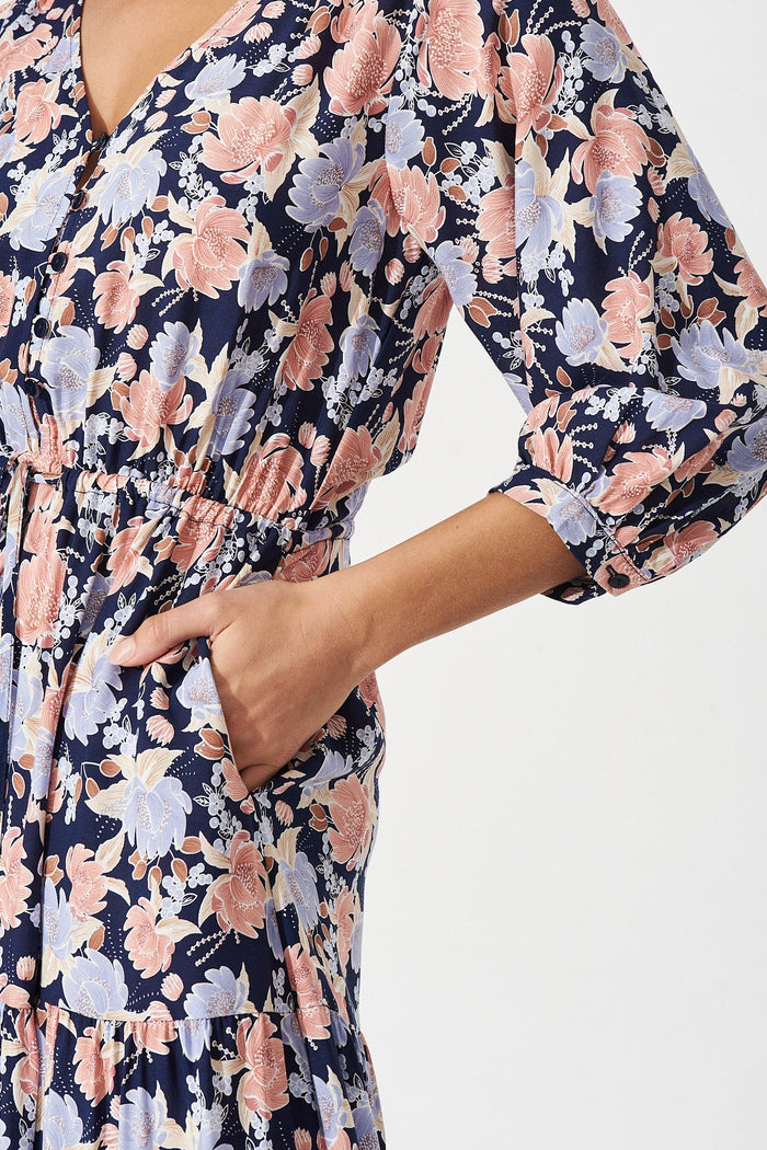 Fillia Maxi Dress In Navy With Pink Floral - Detail