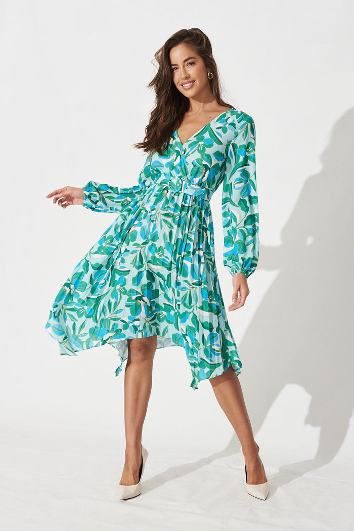 Kaylee Midi Dress In Green Floral Print - Full Length