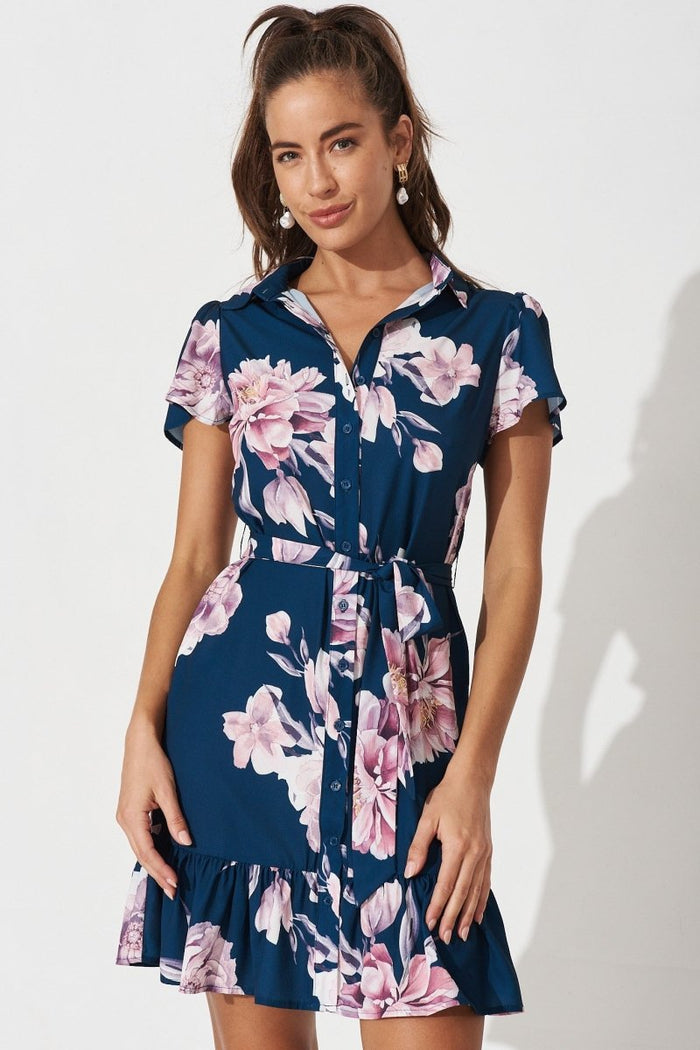 Charlotte Shirt Dress In Teal With Blush Floral - St Frock (Dev)
