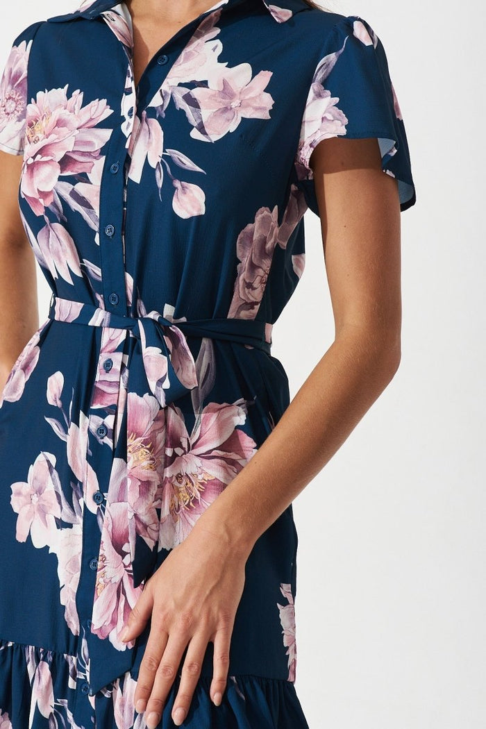 Charlotte Shirt Dress In Teal With Blush Floral - St Frock (Dev)