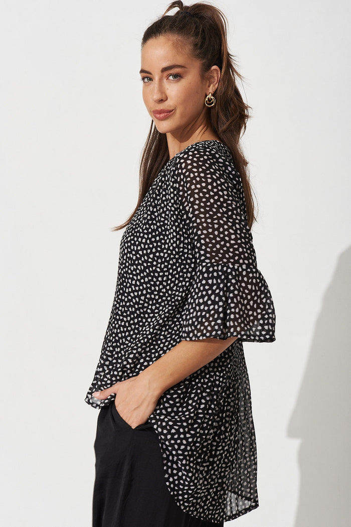 Fleuri Top In Black With White Speckle Chiffon - Side