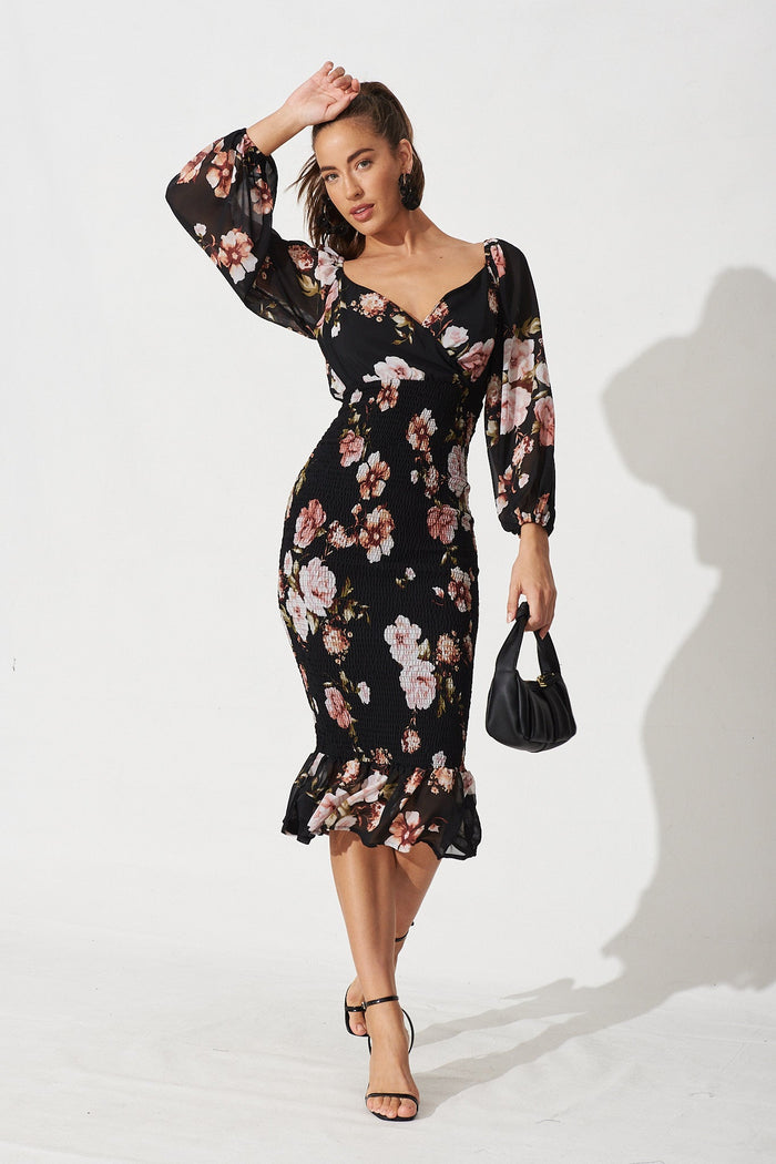 Bernadine Midi Dress In Black With Blush Floral Chiffon - St Frock (Dev)