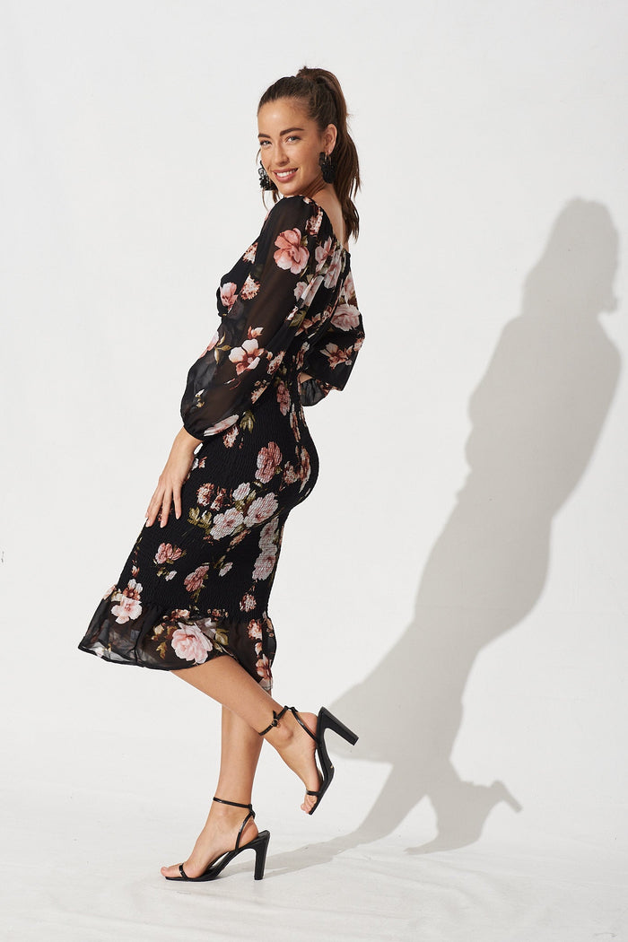 Bernadine Midi Dress In Black With Blush Floral Chiffon - St Frock (Dev)