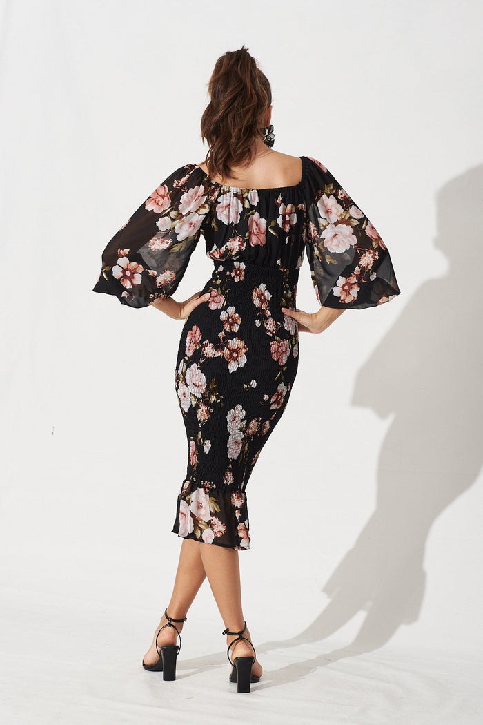 Bernadine Midi Dress In Black With Blush Floral Chiffon - St Frock (Dev)
