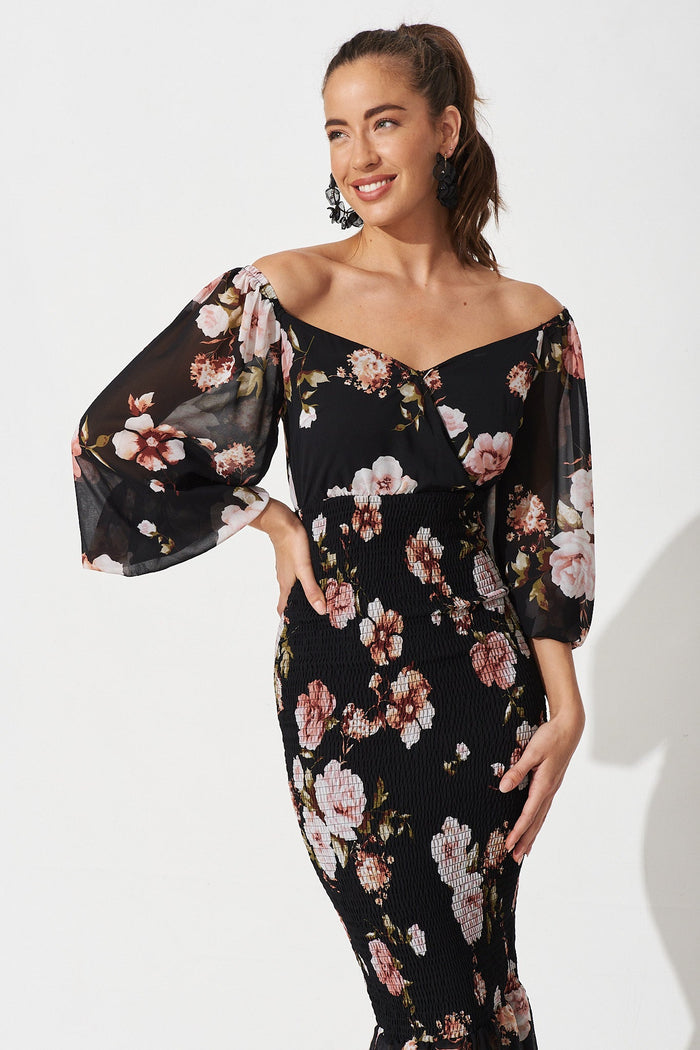 Bernadine Midi Dress In Black With Blush Floral Chiffon - St Frock (Dev)
