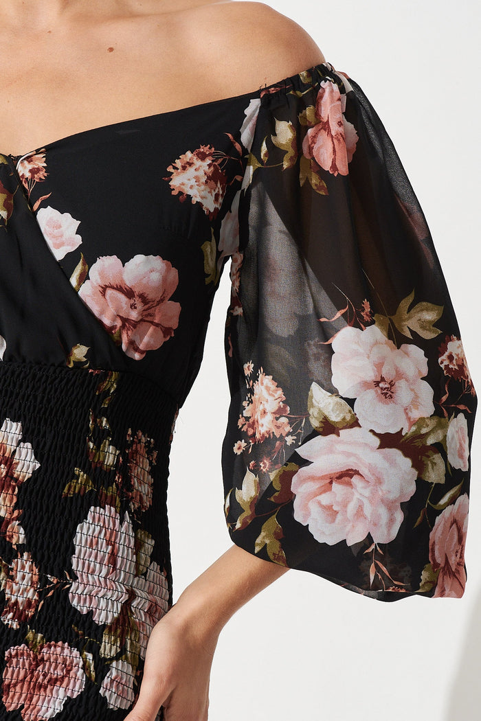 Bernadine Midi Dress In Black With Blush Floral Chiffon - St Frock (Dev)