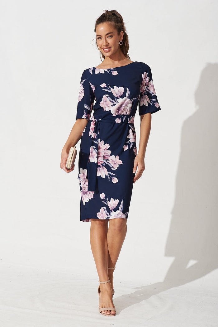 Shanyn Midi Dress In Navy With Blush Floral - Full Length