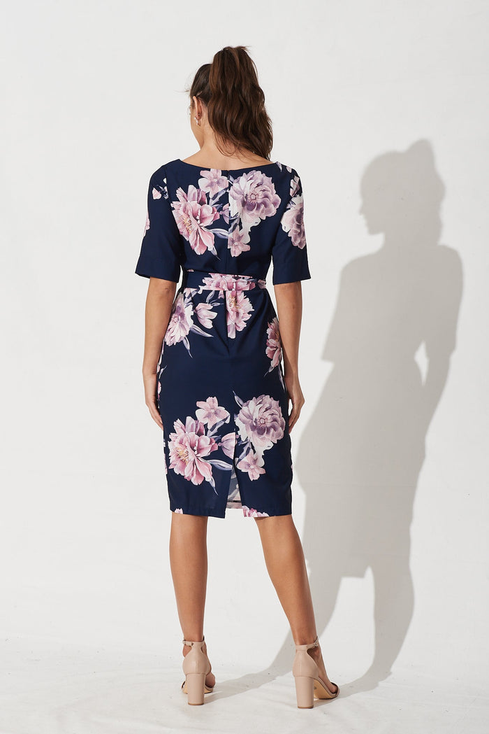 Shanyn Midi Dress In Navy With Blush Floral - Back