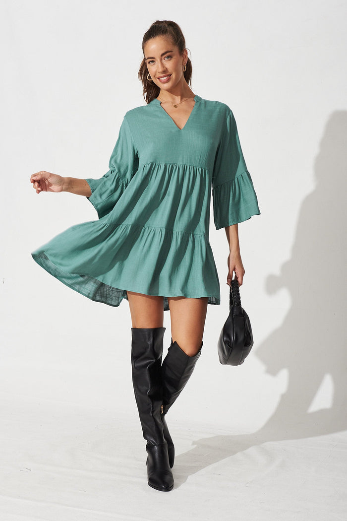 Joelle Smock Dress In Teal Linen Blend - Full Length