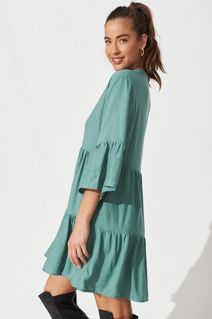 Joelle Smock Dress In Teal Linen Blend - Side
