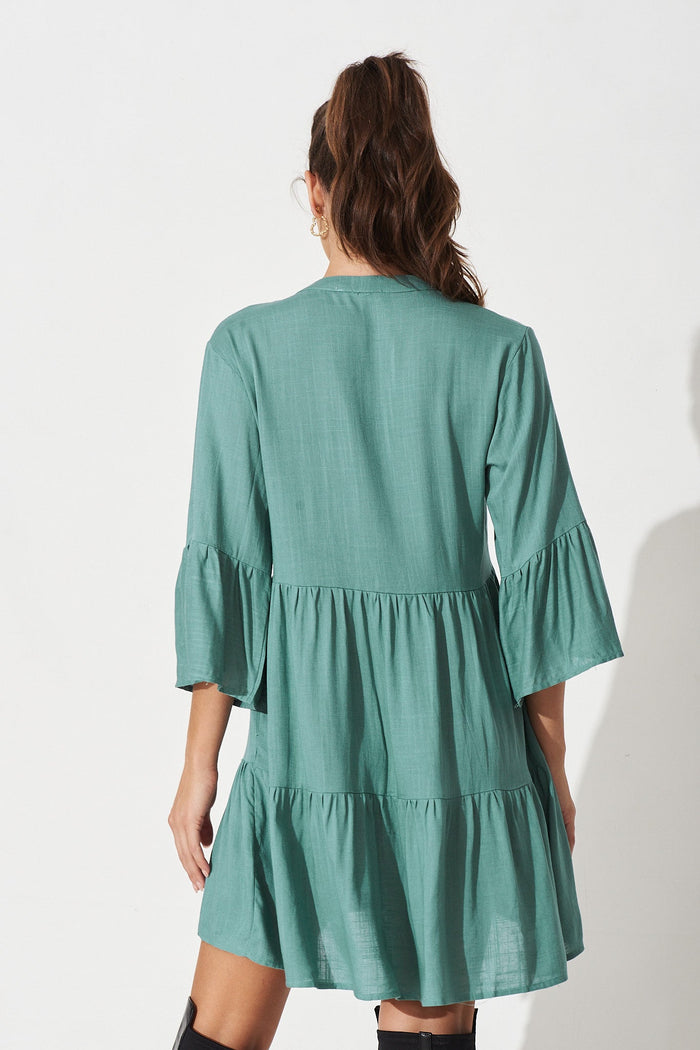 Joelle Smock Dress In Teal Linen Blend - Back