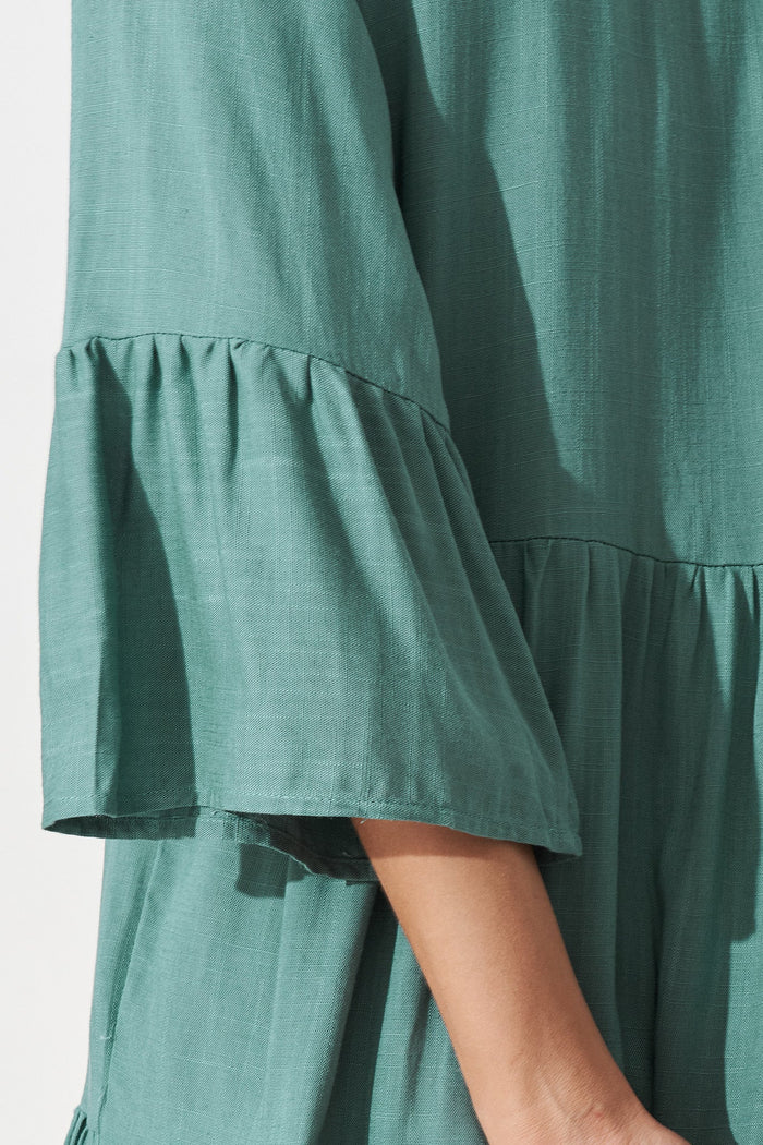 Joelle Smock Dress In Teal Linen Blend - Detail