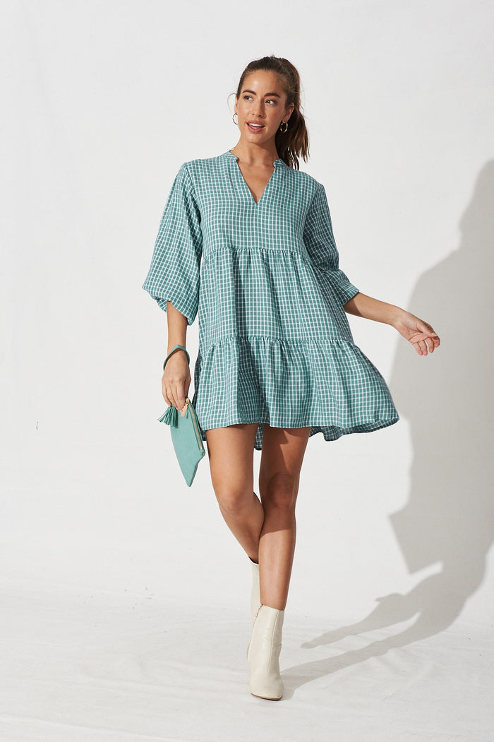 Andie Smock Dress In Teal Check - Full Length