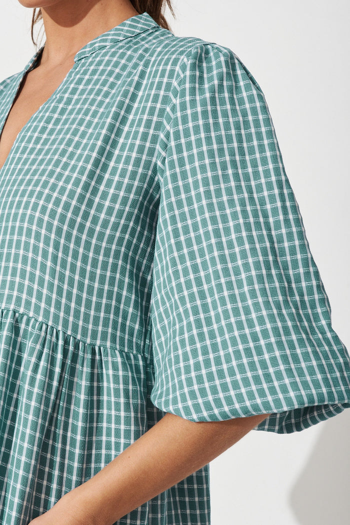 Andie Smock Dress In Teal Check - Detail