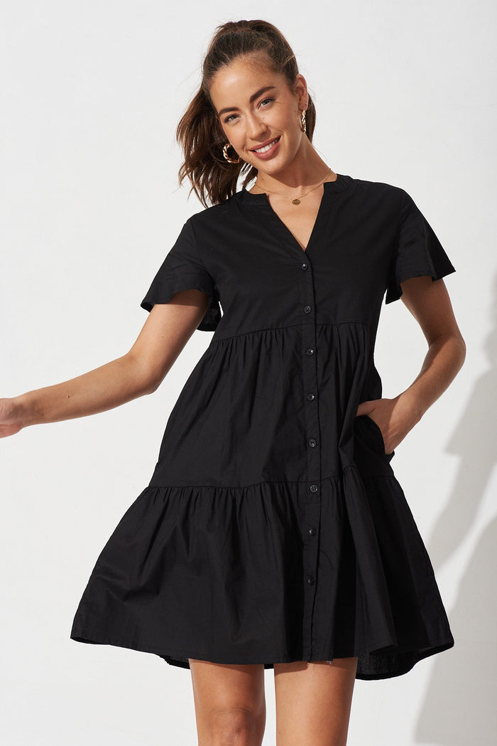 Shazza Shirt Dress in Black Linen Blend - Front