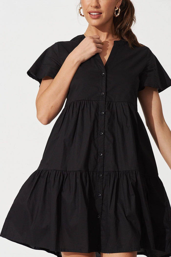 Shazza Shirt Dress in Black Linen Blend - Detail