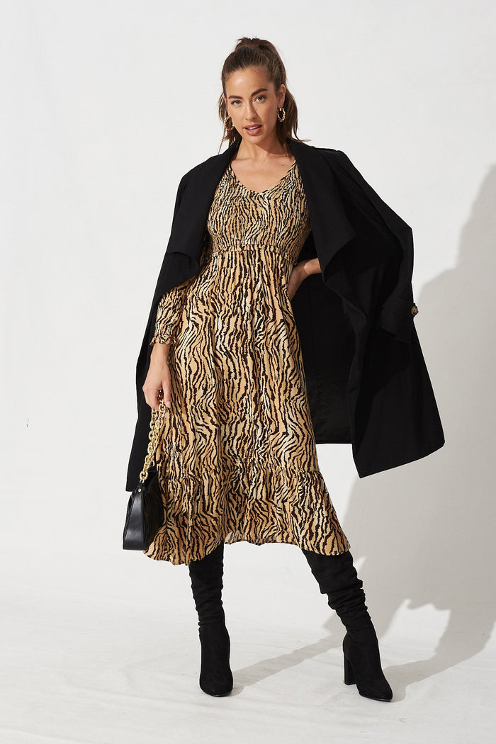 Rosalie Midi Dress in Brown Animal Print - Full Length Styling